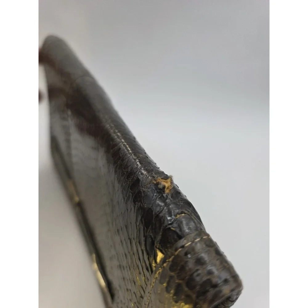 VTG Genuine Snakeskin Clutch Purse 11x6.5 Dark Brown Suede Lined Evening Bag MCM